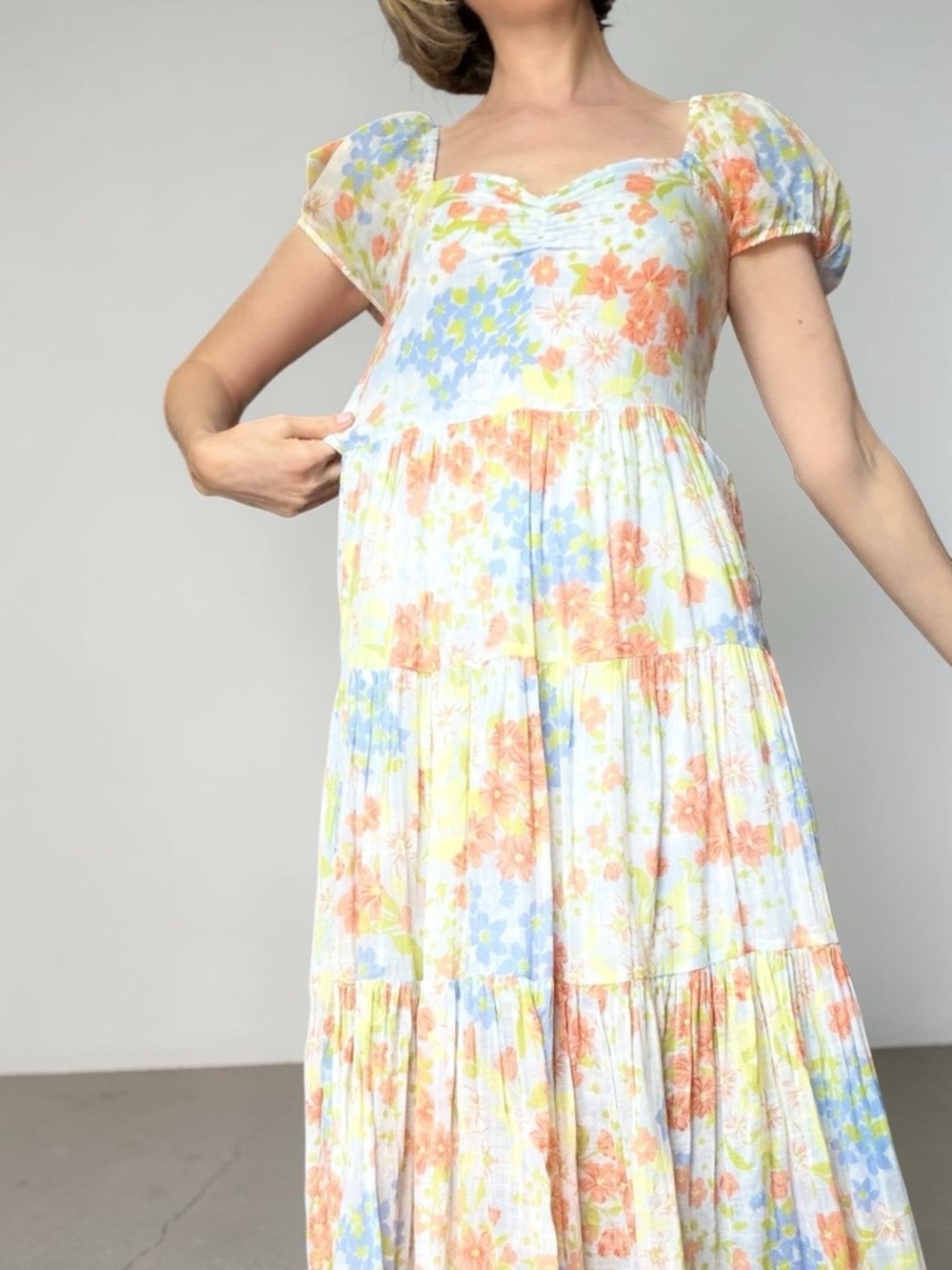 Billabong Maxi Dress Orange & Blue Floral Cotton Puff Sleeve - Picture 4 of 15